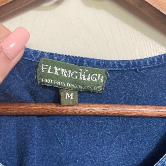 Flying High Women's Blue Tie Back Embroidered Button Up Lagenlook Blouse Medium - Picture 2 of 5